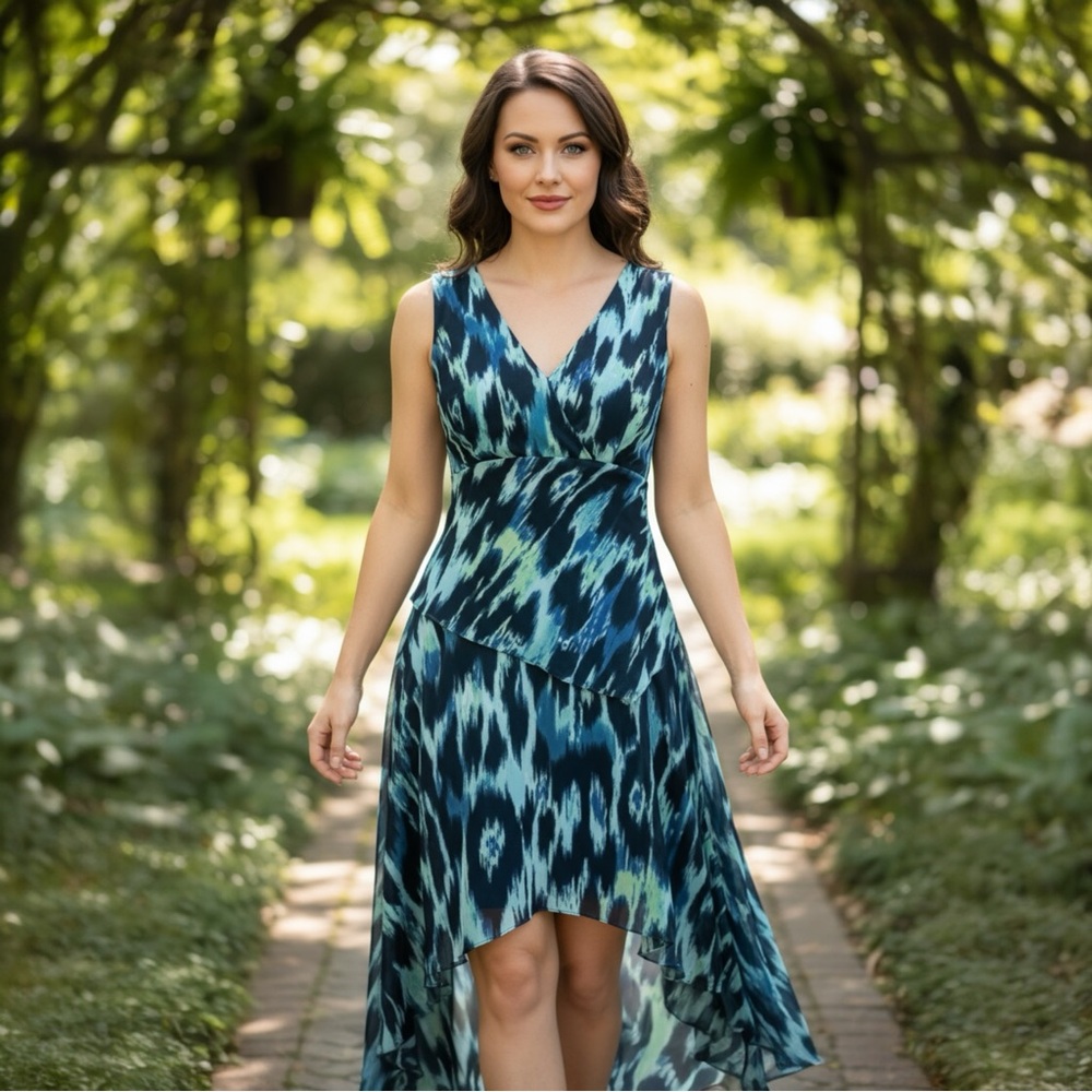 Connected Apparel Watercolor Handkerchief Hem Sleeveless Dress Size 10